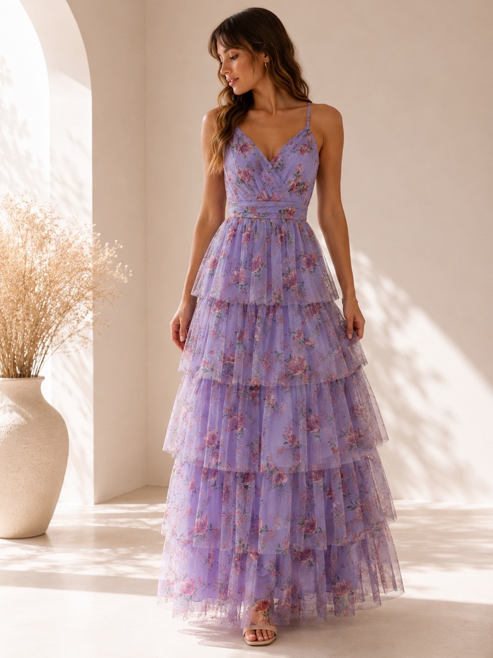 City Studio Lilac Floral Tiered Tulle Maxi Dress Sz 3/4 Wedding Guest Formal NWT - Picture 4 of 7